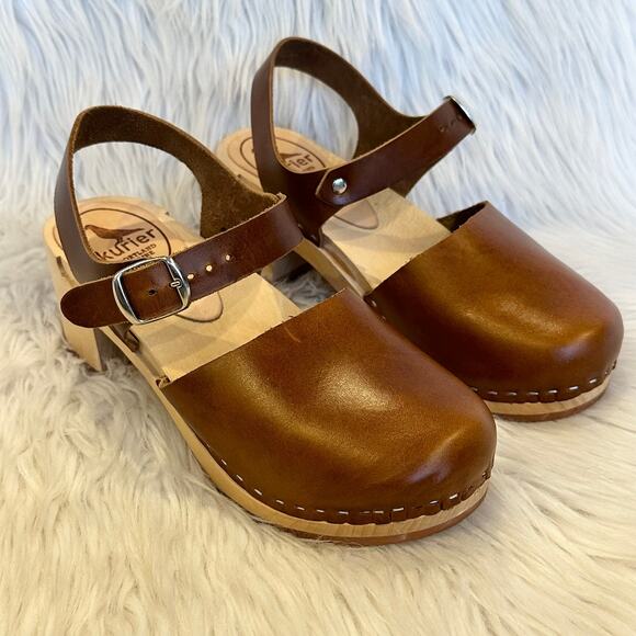 Kurier Charlie Mary Jane Clogs Leather High Heel Block Heel Wooden, Pecan Brown - Picture 4 of 14